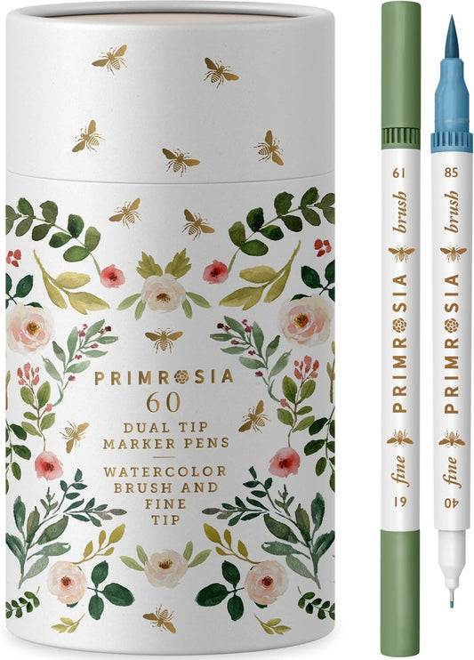 Primrosia 60 Dual Tip Marker Pens, Fineliner and Watercolor Brush Pens for Art Sketching Illustration Calligraphy Permanent Highlighter Bullet Journal Drawing Coloring