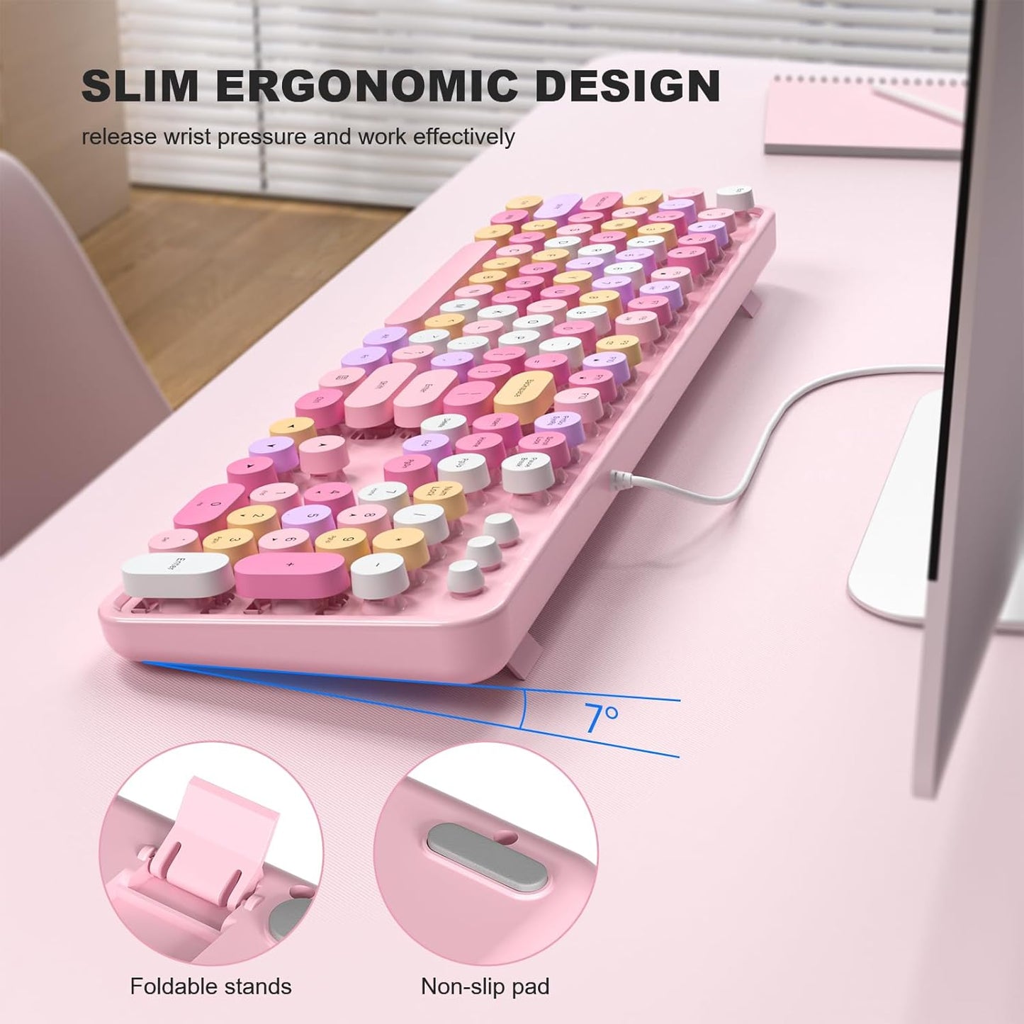 MOFII Wired Full Size USB Keyboard, Colorful Retro Round Typewriter Keyboard with Foldable Stands for Windows PC Laptop (Pale Pink)