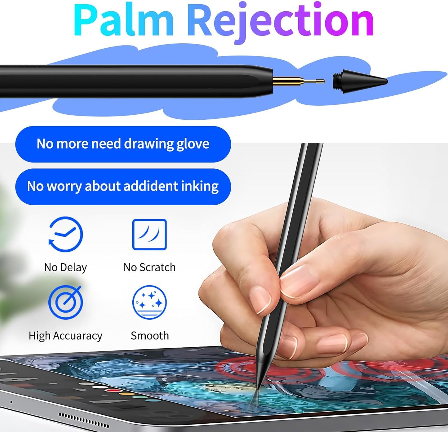Stylus Pen for iPad, Fast Charging Pencil for Apple iPad with Palm Rejection, Tilt Sensitivity, Work for iPad Air 3/4/5/M2, iPad Mini 5/6, iPad 6-10, iPad Pro 11"/12.9"/M4, Black