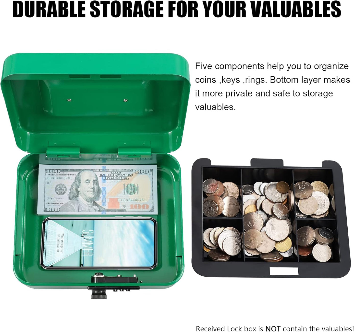 KYODOLED Cash Box with Combination Lock,Safe Metal Box for Money,Storage Lock Box with Money Tray,7.87"x 6.30"x 3.54" Green Medium