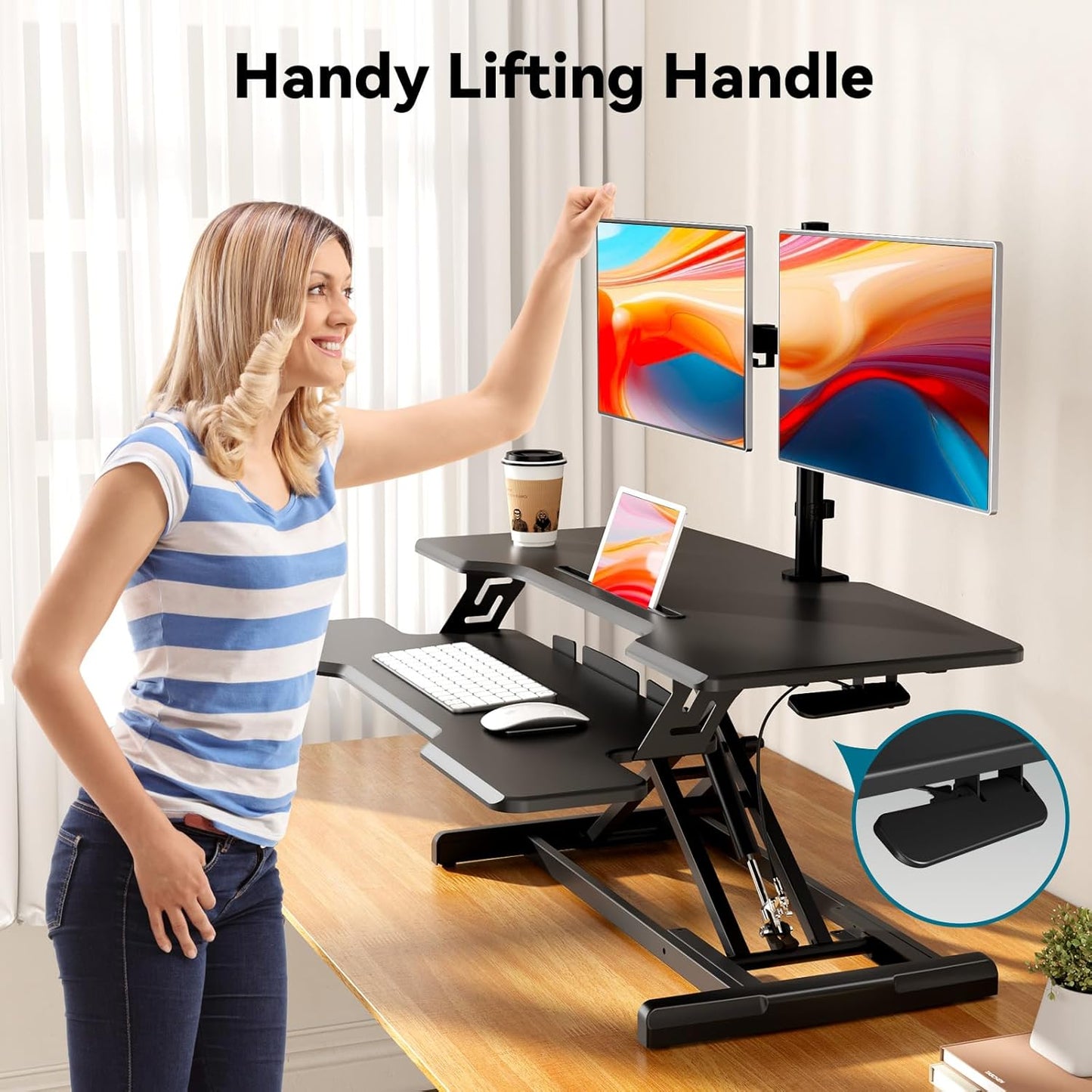 35" Standing Desk Converter, Height Adjustable Desktop Riser with Keyboard Tray for Two Monitors, Sit to Stand up Computer Workstation for Home Office, Black