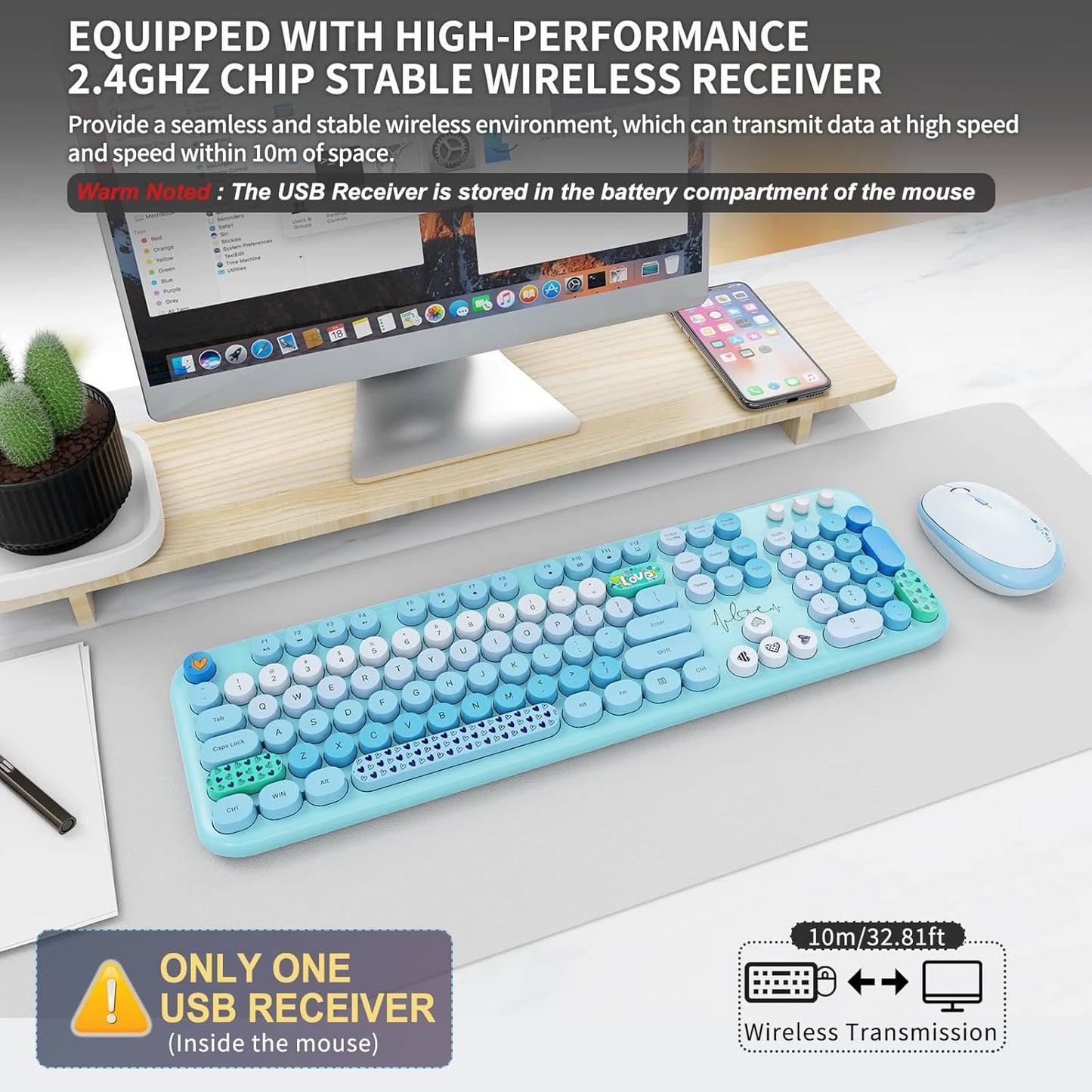 Wireless Keyboard and Mouse Set, 104 Round Keys Full-Size Cute Colorful Keyboard and Mouse with Retro Typewriter for PC/Mac/Laptop/Tablet/Computer/Windows Blue