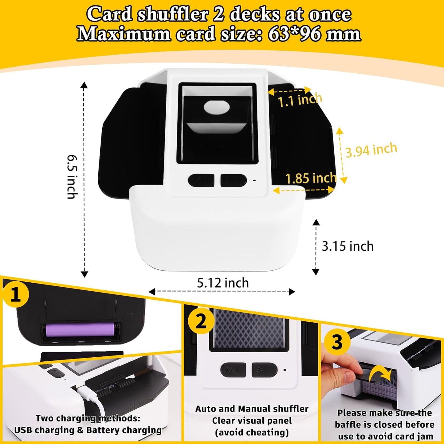 Automatic Card shuffler 1-2 Deck, 2000 mAH USB-C Rechargeable Electronic Card shuffler, Quiet Card shuffler for UNO Poker Blackjack Canasta Skip-Bo Phase 10, One-Press AUTO and Manual