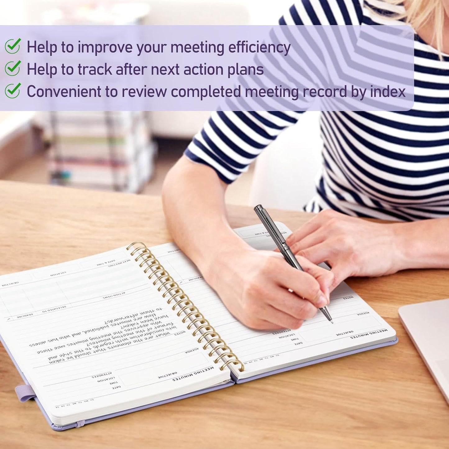 WEMATE Meeting Notebook for Work B5 (7"x10") - PU Leather Work Notebook with Agenda, Action Items & Notes - 200 Pages for Men&Women, Staff and Students, Meeting, Projects Planning - Light Purple