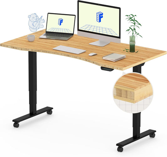 FLEXISPOT E6 MAX Bamboo Dual Motor 3 Stages Standing Desk 48x24 Inch Whole-Piece Board Electric Height Adjustable Stand Up Desk 150KG Load Capacity(Black Frame + Bamboo Curved Desktop)