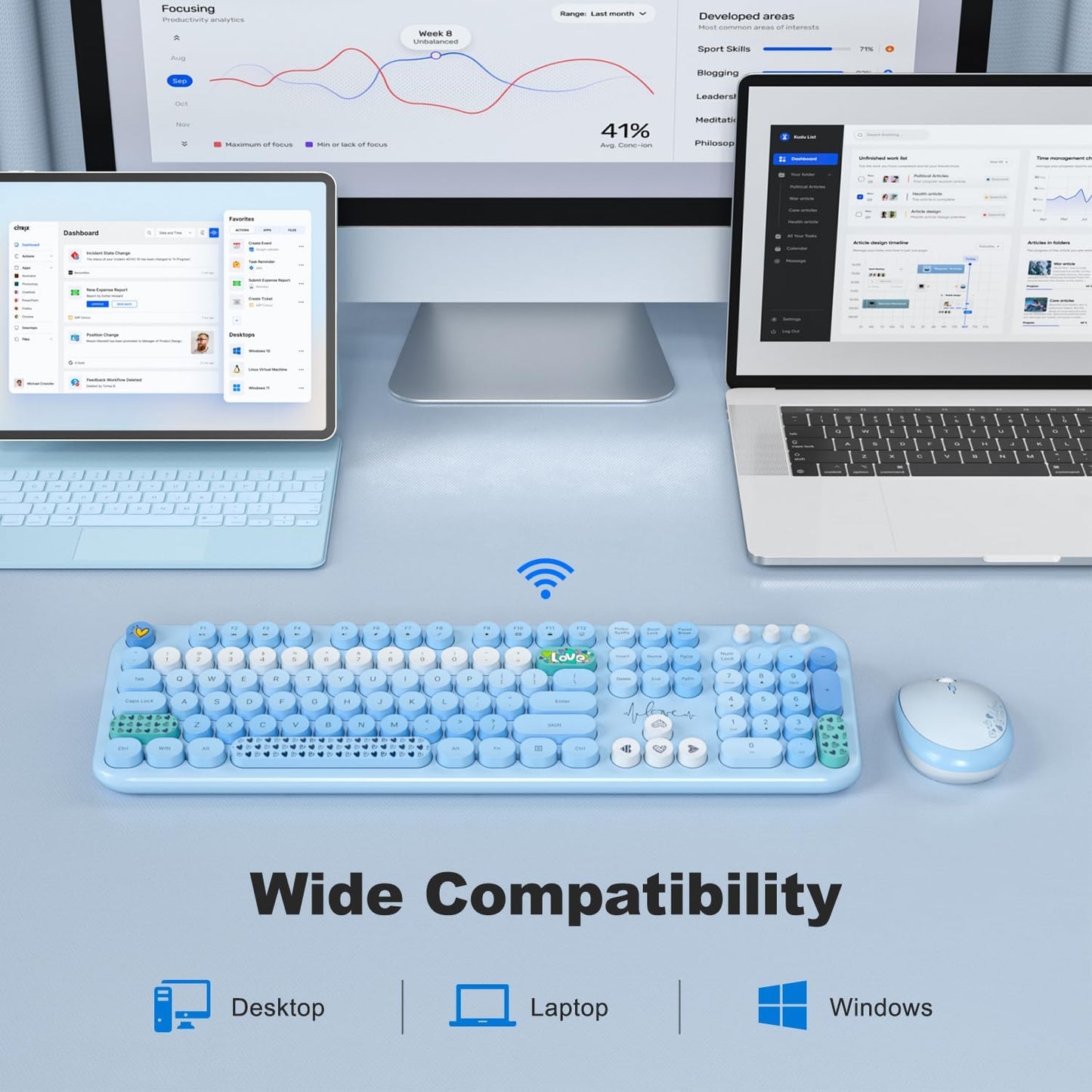 MOFII Wireless Keyboard and Mouse Combo, Cute Retro Typewriter Keyboard and Silent Mouse, 2.4GHz Full Size Computer Keyboard Wireless Mouse Set for PC, Laptop, Desktop, Windows (Blue Colorful)