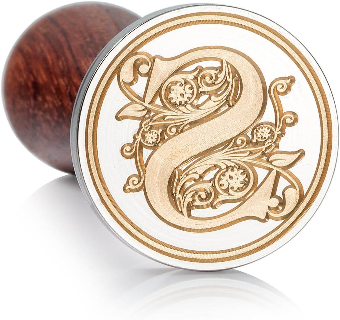 Mceal Wax Seal Stamp, Large Seal 1 1/5"(30mm) Dia, Silver Brass Head with Wooden Handle, Regal Letter A to Z Series (Letter S)