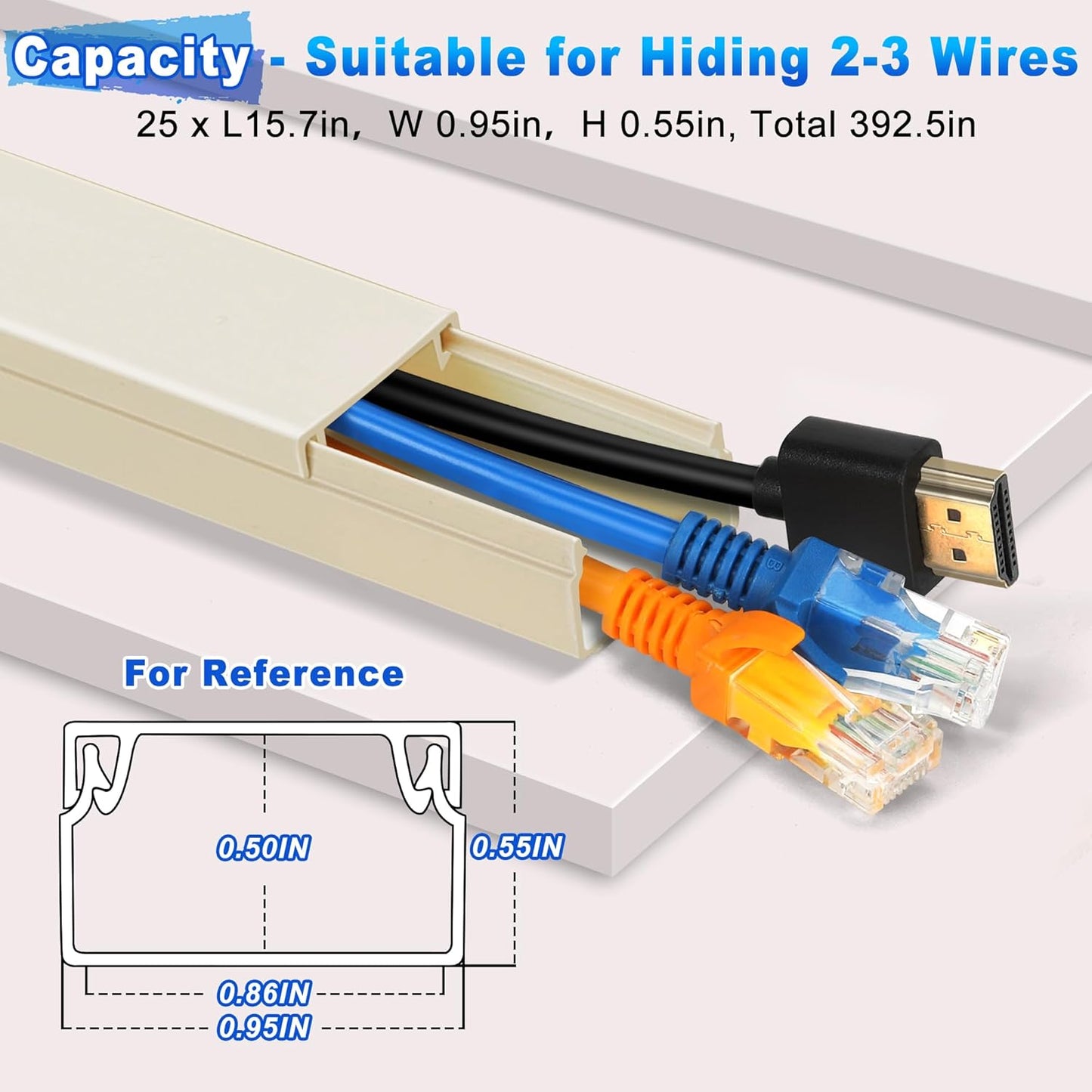 392.5in Wire Covers for Cords Kit - Beige Cord Cover, Wall Wire Hiders, TV Cable Hider, Cord Hider - Mounted TV, Cord Concealer - 25 x 15.7 W 0.95H 0.55in