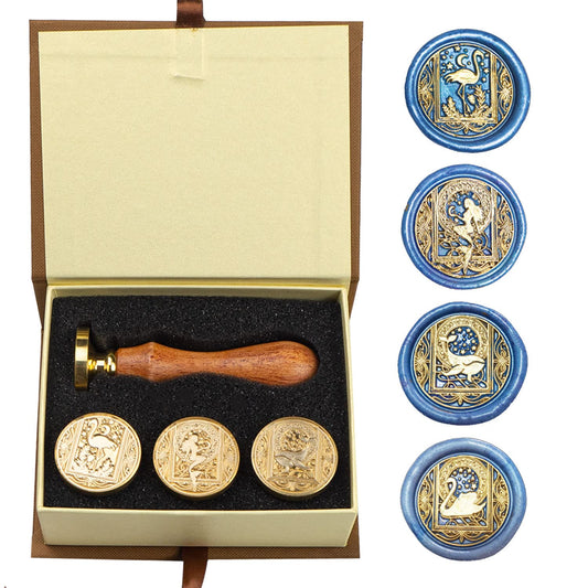 Wax Seal Stamp Kit With 4 Removable Brass Heads and Wooden Handle - Retro Starry Mermaid, Whale, Flamingo, Swan Sealing for Cards and Invitations