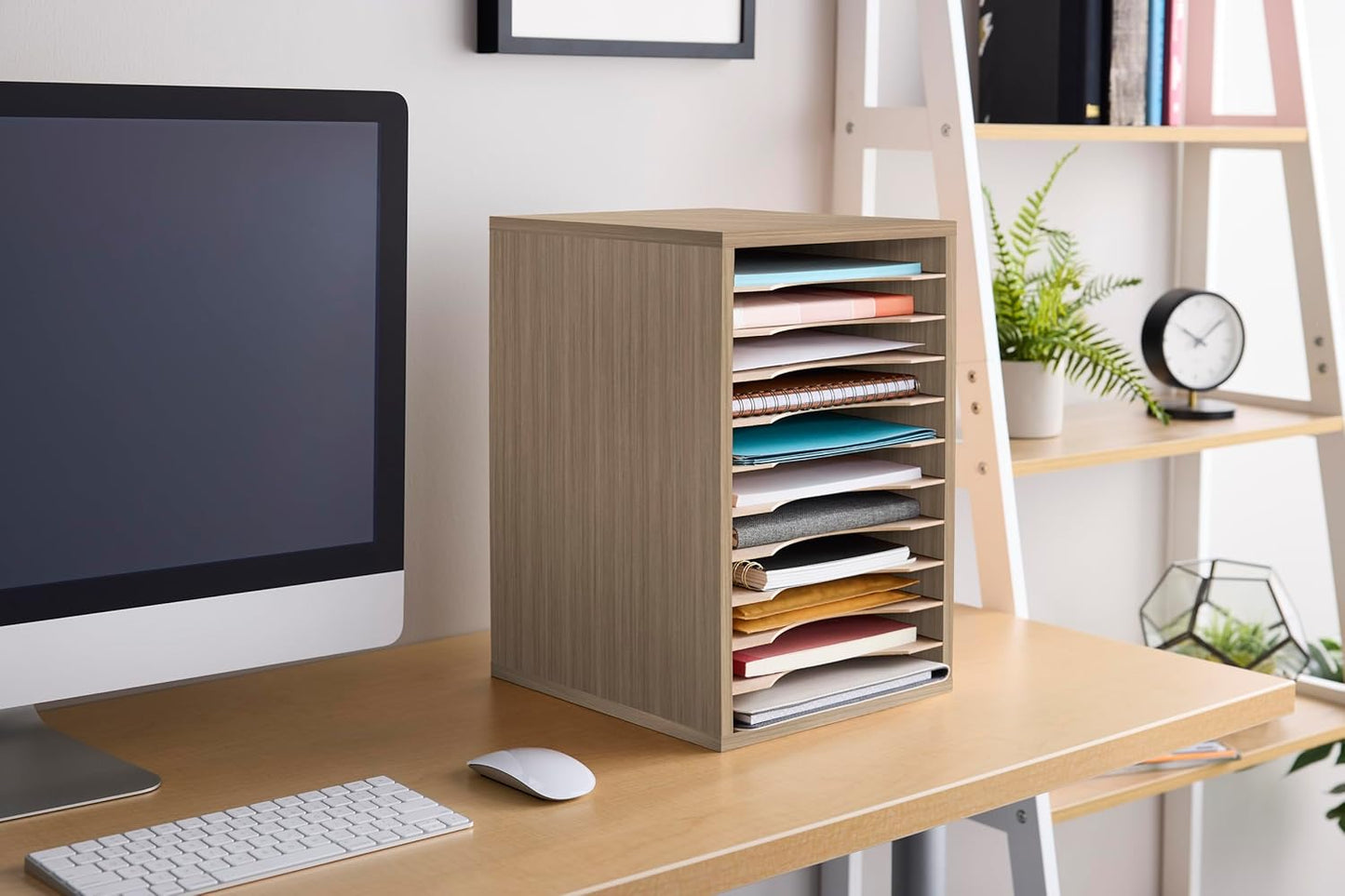 Safco Products Vertical Desktop Sorter, 11 Compartment, Gray Wood