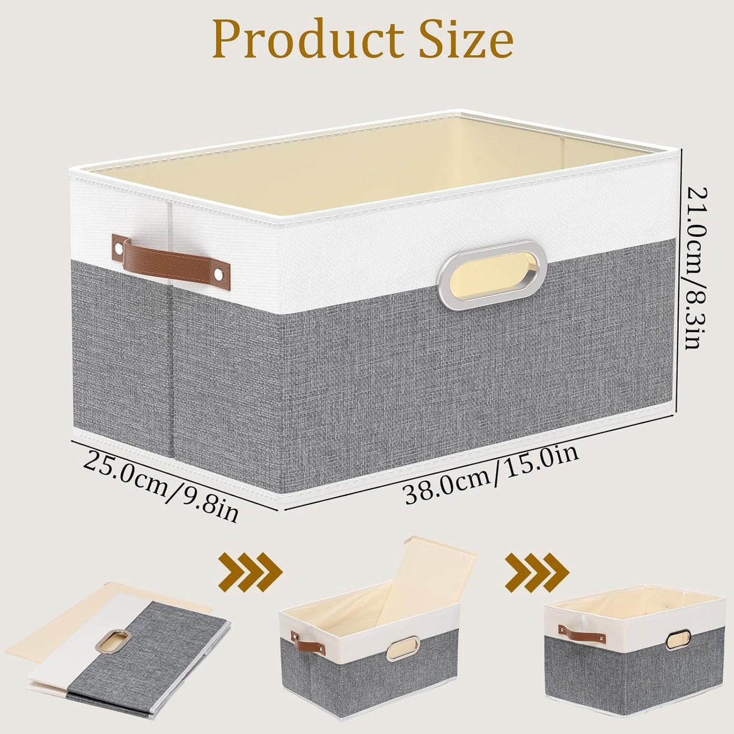 Yawinhe Foldable Storage Baskets for Shelves, Fabric Closet Organizers, Bins with 3 Handles, Cubes for Clothes, White/Grey, 15''Lx9.8''Wx8.3''H, 6-Pack