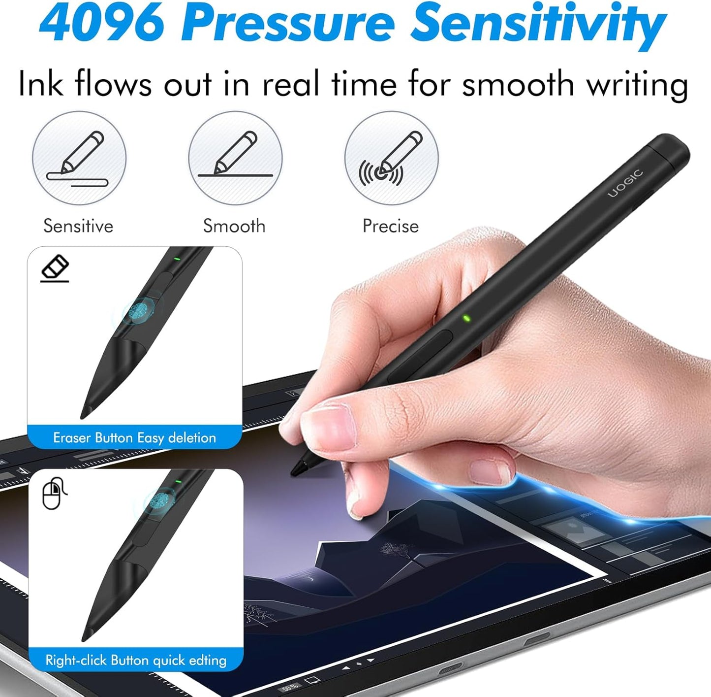 Uogic Slim Pen 2 for Surface, with 4096 Pressure, Erase & Right-Click, Palm Rejection for Surface Pro (4th/5th/6th/7th/7+/8th/9th/10th Gen), Surface Duo (1st/2nd Gen), Surface Book (1st/2nd/3rd Gen)