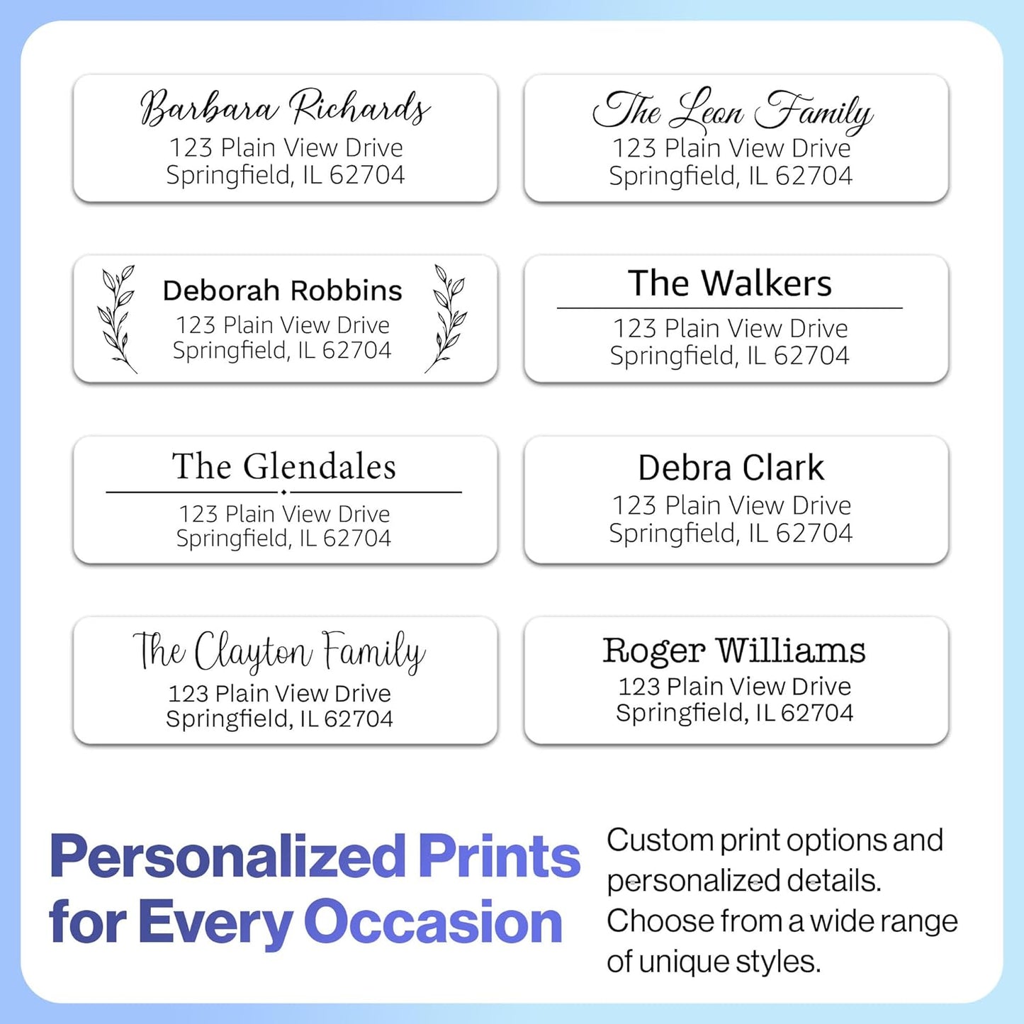 100 Personalized Address Labels - Glossy White Return Address Label 2.5" x 0.75'', Stylish Fonts for Envelopes & Packages, Customizable Labels for Home or Office Use