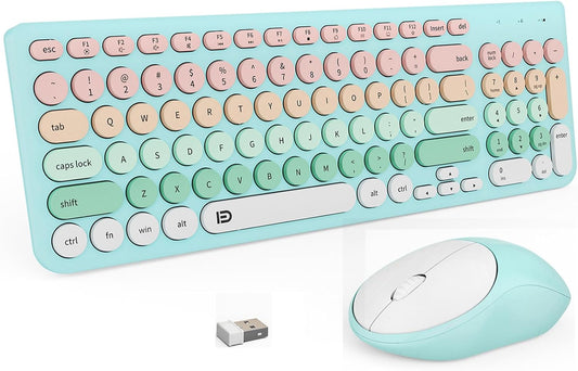 FD Wireless Keyboards and Mouse Combo - 2.4GHz USB Cordless, Cute Wireless Keyboard Round Keys, Quiet and Slim Set for Laptop, Computer, TV and Mac - Blue Pale Green Colorful
