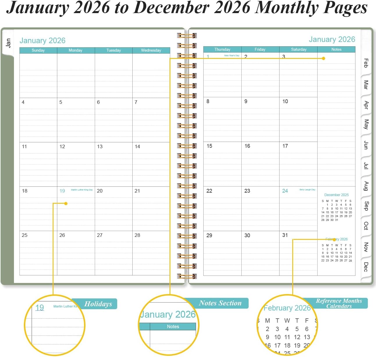 2026 Planner - Weekly and Monthly Calendar Planner from Jan 2026 - Dec 2026, Planner 2026 Spiral Bound with 12 Monthly Tabs, Inner Pocket, Perfect for School Office Supplies, 6.4" x 8.5", Green-C