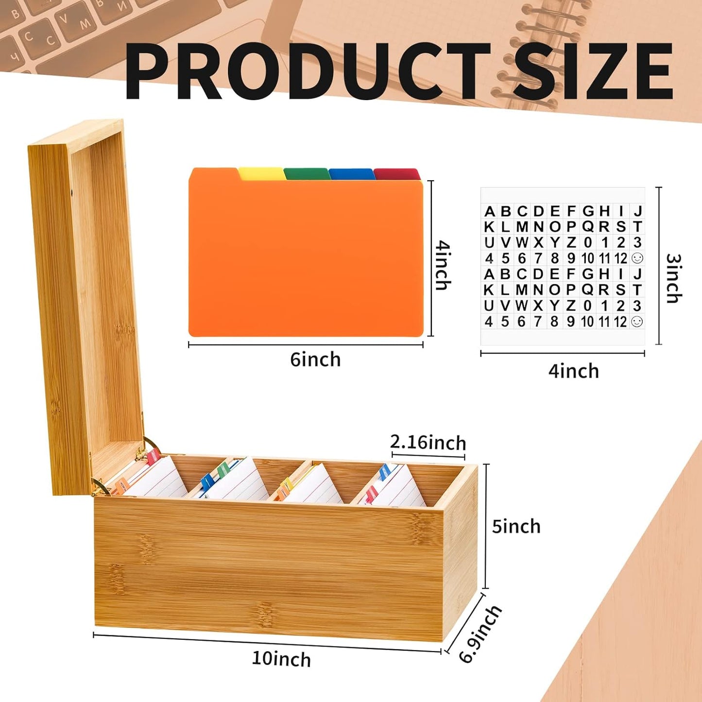 Henoyso 4 x 6 Inches Index Card Holder Set, Bamboo Recipe Box Organizer Index Cards Organizer, 50 Pcs Dividers 2 Sheets Alphabet Number Stickers File Note Holders for Office Business Home Kitchen