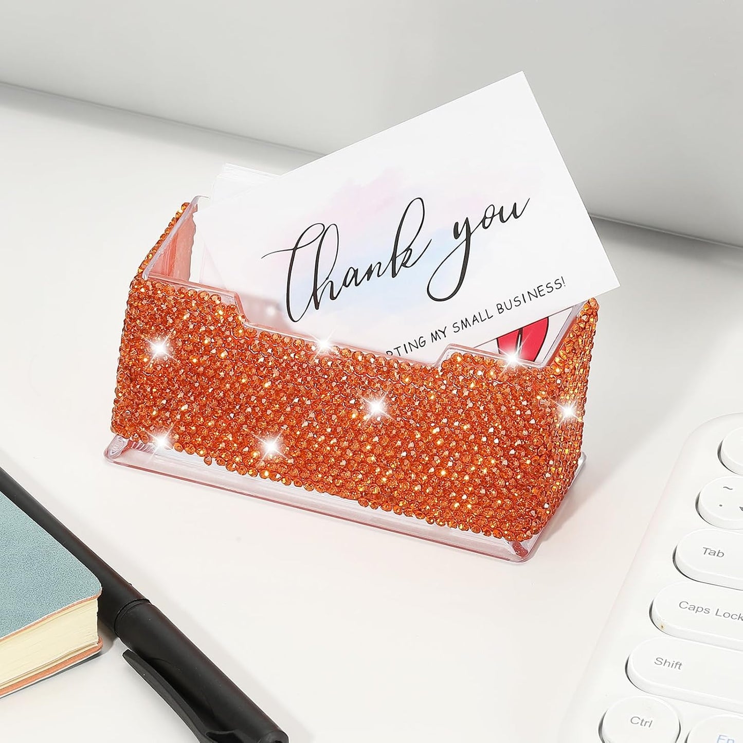PATIKIL Rhinestone Business Card Holder, Crystal Business Card Holders Bling Business Card Organizer Display Stand for Desktop Desk Office Exhibition, Light Red