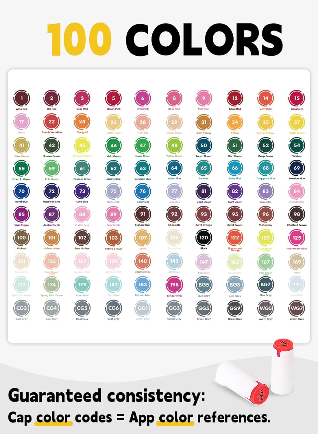 YHC 100 Colors Alcohol Brush Marker with Free App,Dual Tips Art Markers for Adults and Kids, Alcohol Based Brush & Chisel Tips Markers for Drawing, Coloring, Painting, Sketching