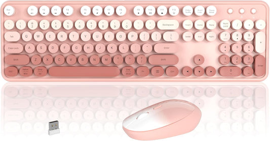 Colorful Wireless Keyboard and Mouse Combo, COVEVA 2.4GHz Wireless Retro Cute Round Keycaps Keyboard, 104 Keys Full-Sized Keyboard Mouse Set with Switch Button for PC Laptop Desktop (Rose Gradient)
