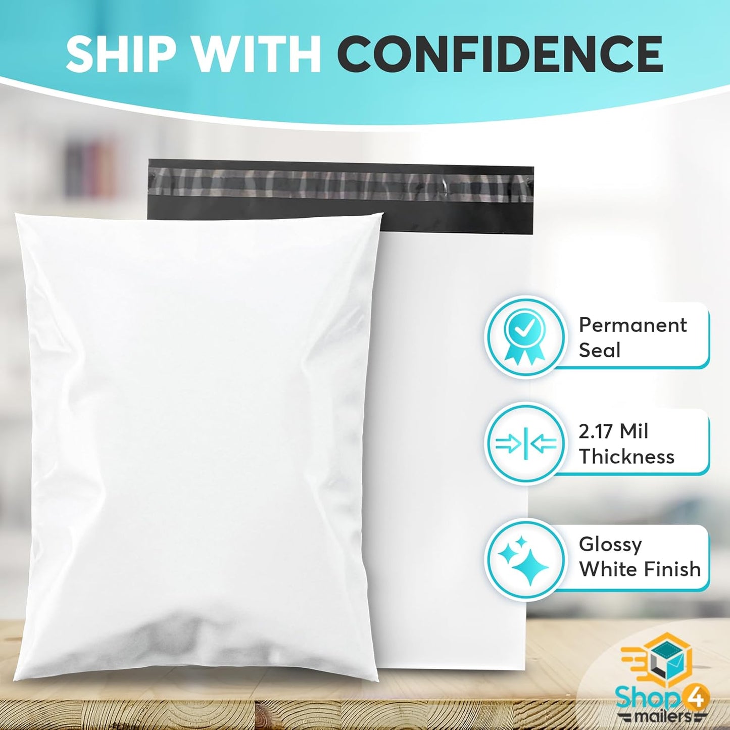 Shop4Mailers 19 x 24 Glossy White Plastic Self Seal Poly Mailer Flat Bags Waterproof Shipping Envelope 2.17 Mil for Apparel, Clothes, Shirts, Books – Permanent Adhesive Seal (50 Pack)