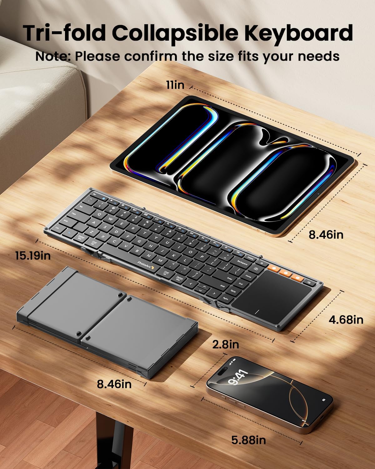 ProtoArc Foldable Keyboard with Touchpad, XK01 TP Folding Portable Keyboard, Full Size Keys, Large Trackpad Bluetooth Travel Keyboards for iPad Laptop PC Tablets - Black Gray