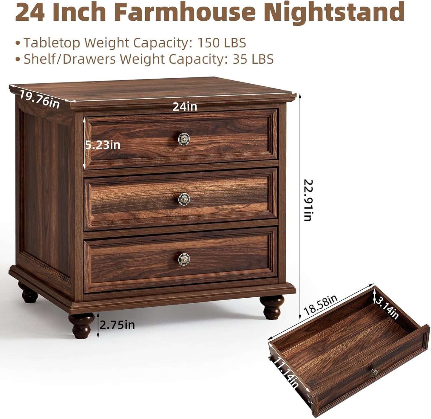24" Wide Farmhouse Night Stand,Large End Table with 3 Drawers & Metal Handle,Wood Dresser for Bedroom Cabinet, Bed Side Table Chest of Drawers,Brown Nightstand for Living Room,Close