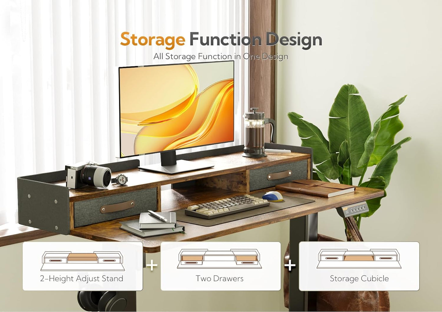 Claiks Standing Desk with Drawers, Stand Up Electric Standing Desk Adjustable Height with Storage Shelf and Splice Board, 48 Inch, Rustic Brown