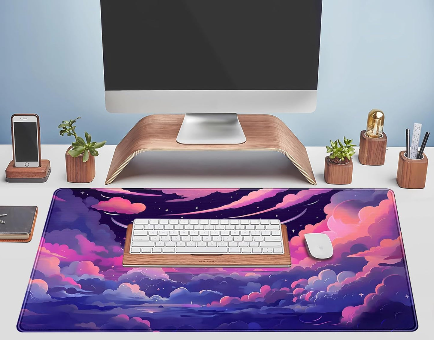 Pastel Pink Purple Clouds Moon Mouse pad Desk Mat, Cute Space Deskmat XXL Large Extended Mousepad Gaming Desk Pad, Big Laptop Computer Keyboard and Mouse Pad Mat for Women Office Decor 31.5x15.7 in
