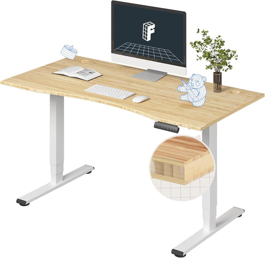 FLEXISPOT E6 Essential Bamboo 3 Stages Dual Motor 55x28 Inch Electric Height Adjustable Standing Whole-Piece Board Desk Sit Stand Up Desk (White Frame + Bamboo Curved Desktop)