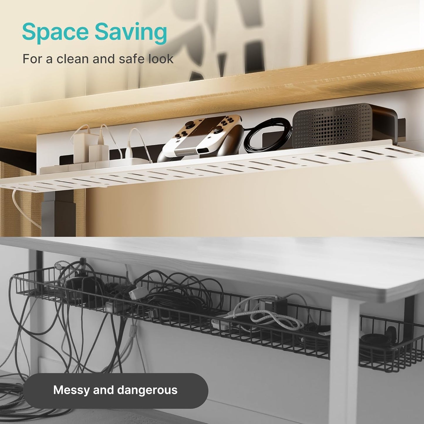 Under Desk Cable Management Tray, 31.5 Inches Metal Cord Organizer Rack, Desk Tray for Power Strip, Cord, Wire, Easy Mounting Cable Management Under Table for Home Office, White