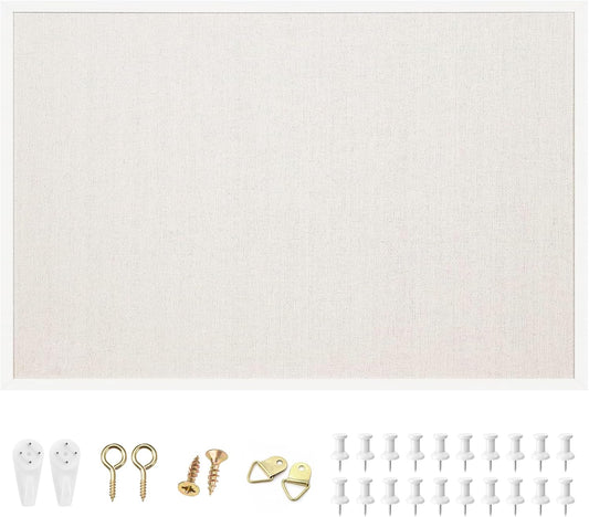 OWLKELA 24'' x 36'' Linen Bulletin Board, White Framed Corkboard, White Oak Frame Linen Cork Board, Vision Board and Decorative Hanging Pin Board