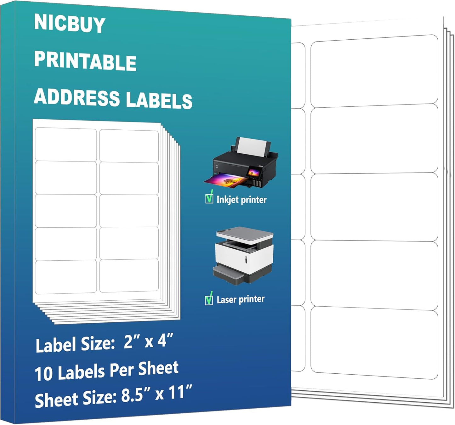 1000 White 4" x 2" Printable Mailing Labels, 10 UP White Shipping Address Labels Dry Quickly for Inkjet or Laser Printer