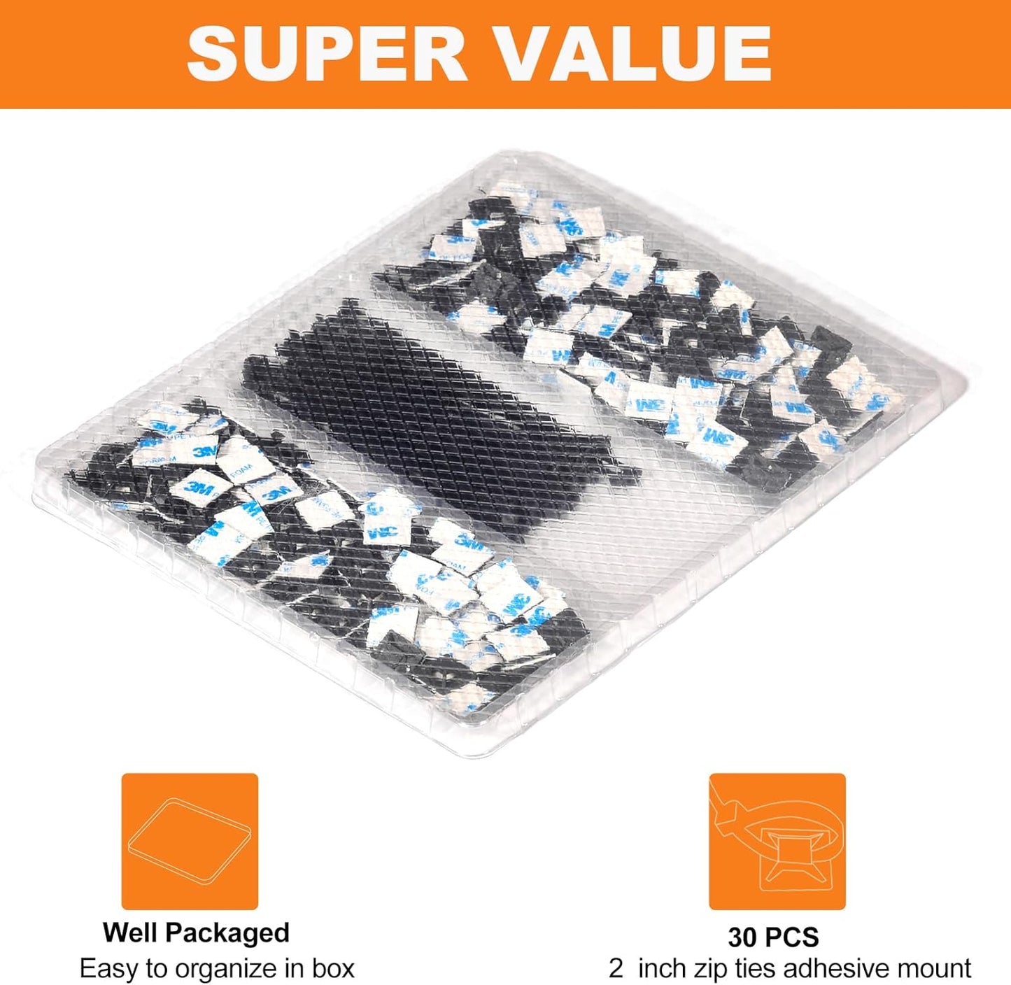 30 Pack 2 inch Zip Tie Adhesive Mounts Self Adhesive Cable Tie Base Holders with Multi-Purpose Tie wire clips with screw hole,Anchor stick on wire holder with 8 inch zip ties （Black&White）