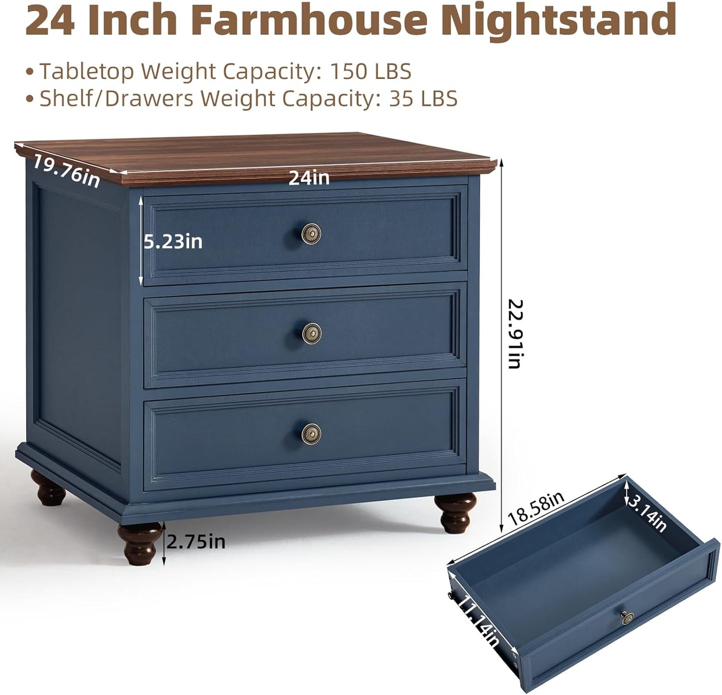 24" Wide Farmhouse Night Stand Set of 2,Large End Table with 3 Drawers & Metal Handle,Blue Wood Dresser for Bedroom Cabinet, Bed Side Table Chest of Drawers,Nightstand for Living Room,Closet