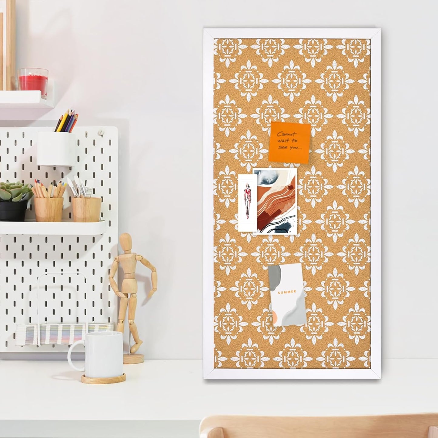 Decorative Cork Board for Walls, Bulletin Board with White Floral Print, White Framed Pin Board Vision Board for Office School Bedroom and Dorm Room with Pins, Screws(3060,1pc)