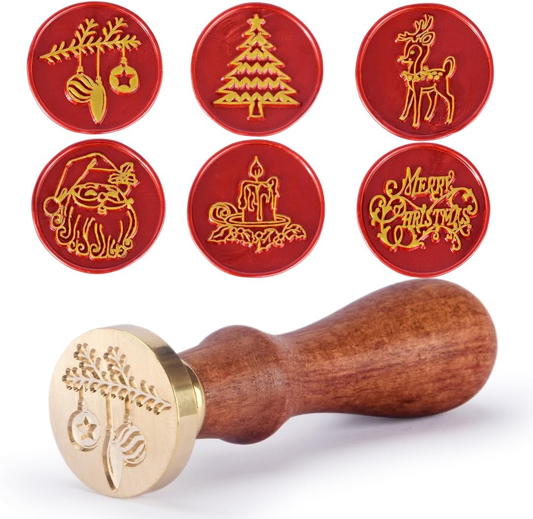 Xmas Wax Seal Stamp Kit, Set of 6 Christmas Design Sealing Wax Stamp Gift Kit with Brass Head Wooden Handle (Merry Christmas Tree + Deer)