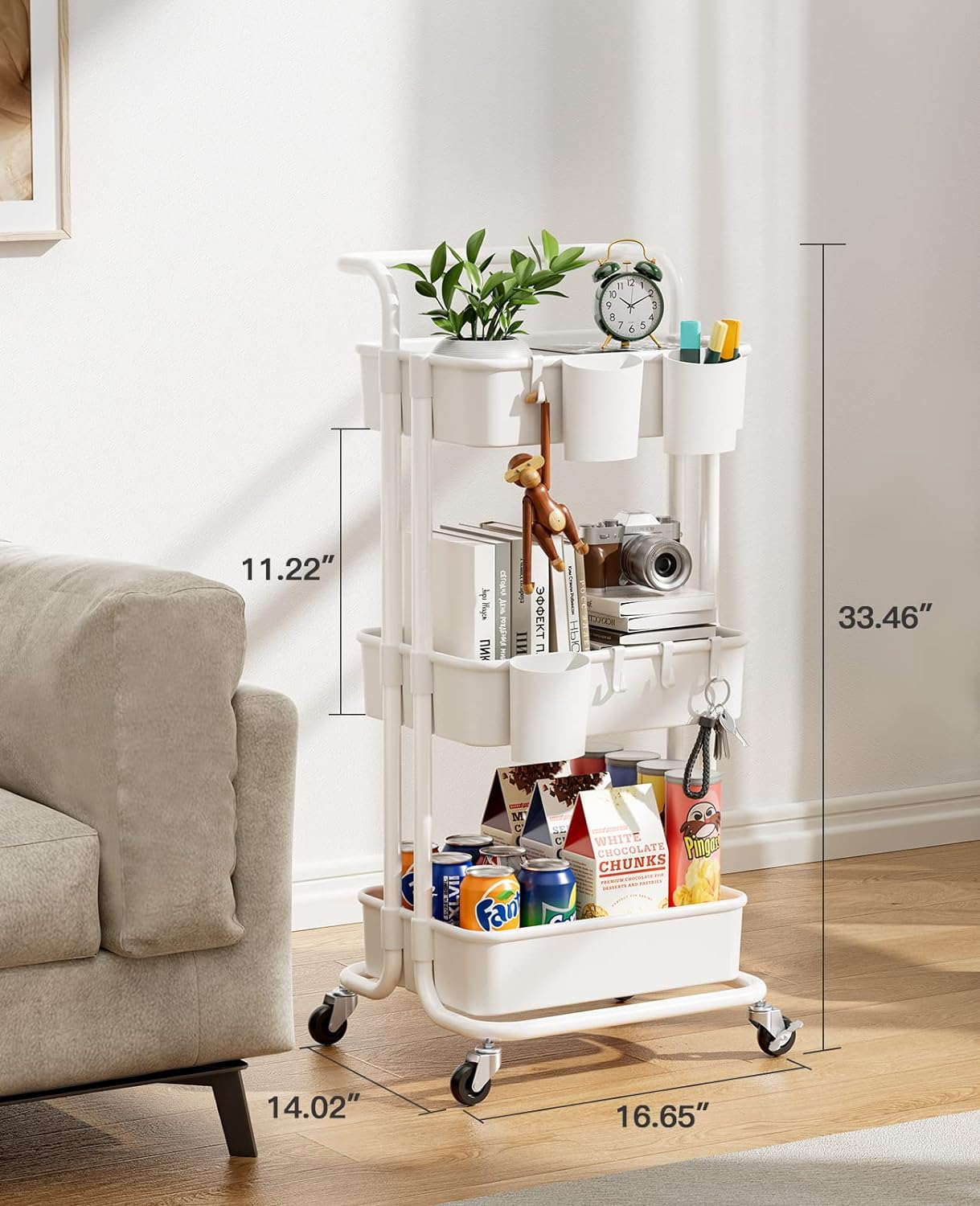 Pipishell 3-Tier Rolling Cart with Wheels - Rolling Storage Cart with Hanging Cups & Hooks - Mobile Utility Cart for Office, Kitchen, Craft Room - Art & Craft Organizer, White, PIUC06W
