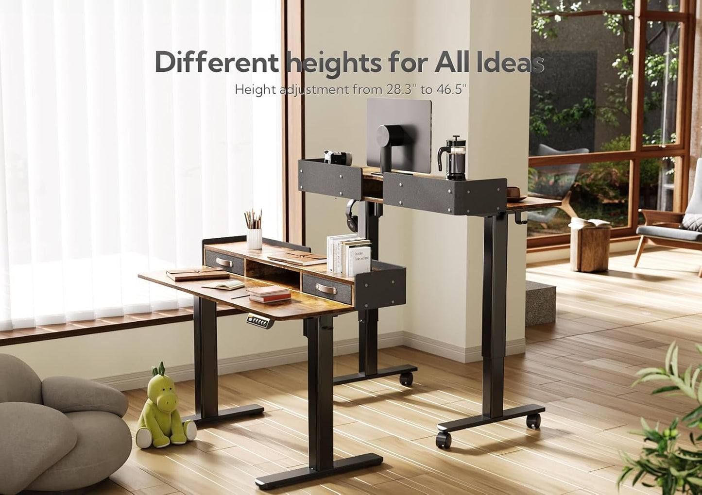 Claiks Standing Desk with Drawers, Adjustable Stand Up Electric Small Standing Desk Adjustable Height with Storage Shelf and Splice Board, 40 Inch, Rustic Brown