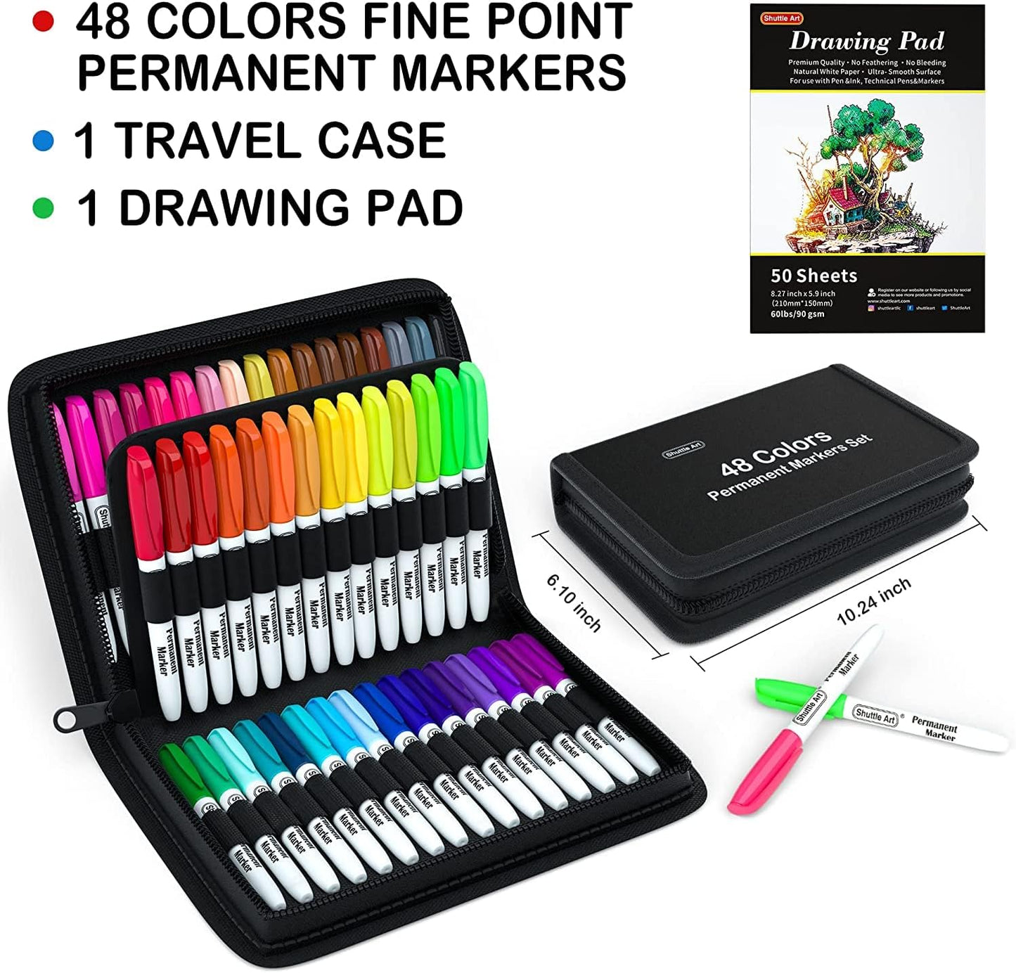 Shuttle Art Permanent Markers, 48 Colors Fine Point, Assorted Colors with Travel Case, Ideal for Adults Coloring Doodling on Plastic, Glass, Wood and Stone, Gift for Kids