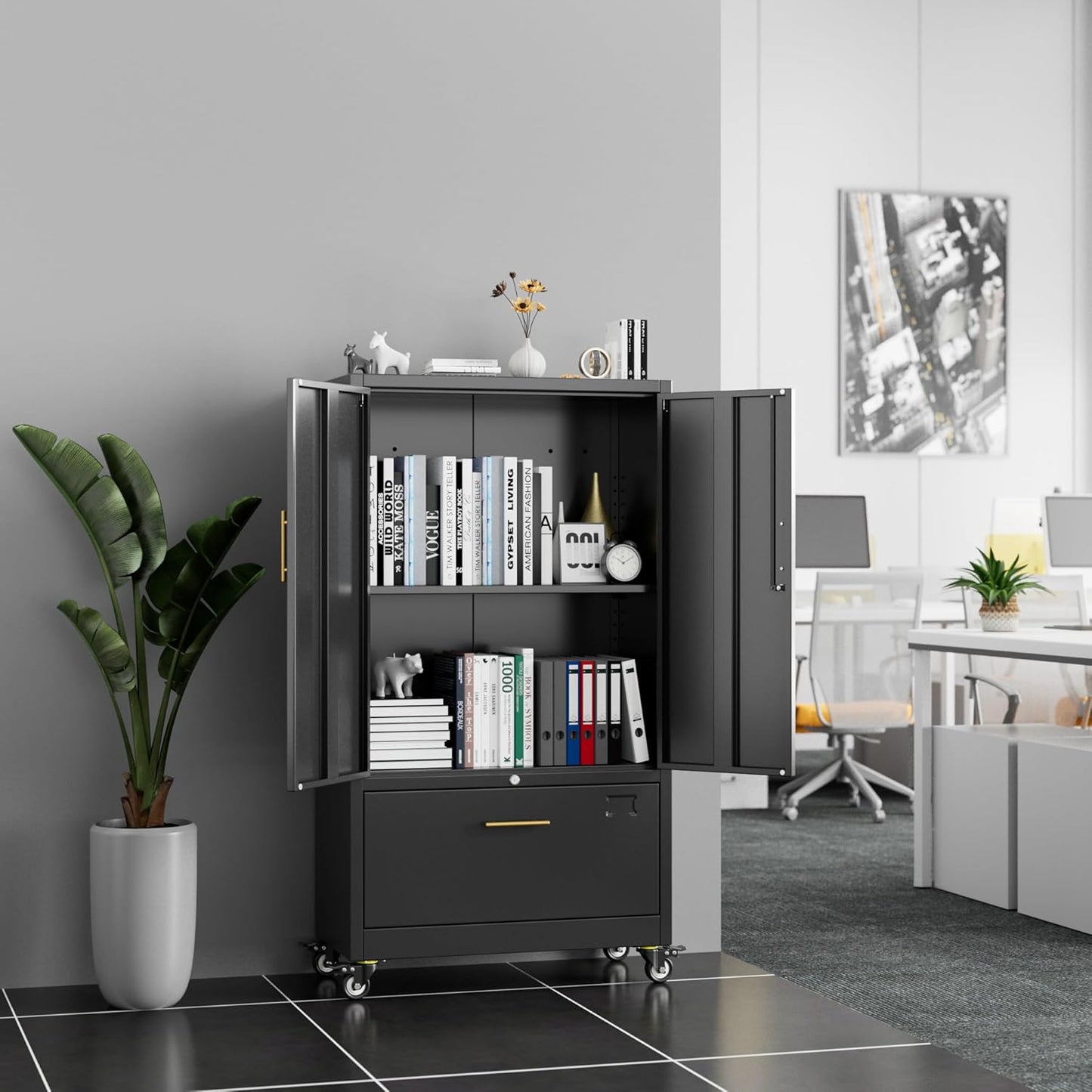 Aobabo Metal 1 Drawer Office File Cabinet with Lock and 2 Doors, Office Steel Files Cabinet with Wheels, Legal/Letter A4 Size, Assembly Required, Black