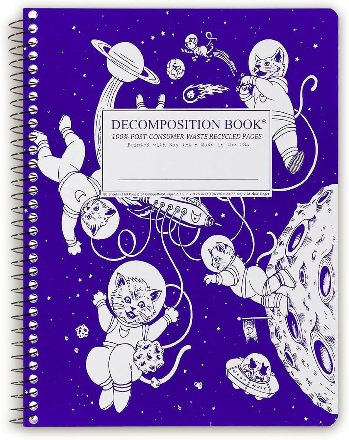 Decomposition Kittens in Space College Ruled Spiral Notebook - 9.75 x 7.5 Journal with 160 Lined Pages - 100% Recycled Paper - Cute Notebooks for School Supplies, Home & Office - Made in USA