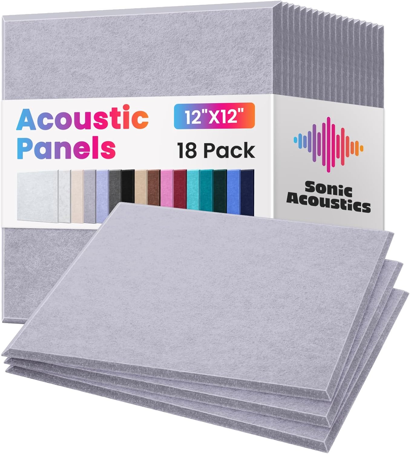 18 Pack Acoustic Panels Self Adhesive Sound absorbing Wall Panels, High Density Dampening Panel, 12X12X0.4 Inch Square Wall Panels in Home,Office,Reccording Room,Studio (Moonlight Gray)