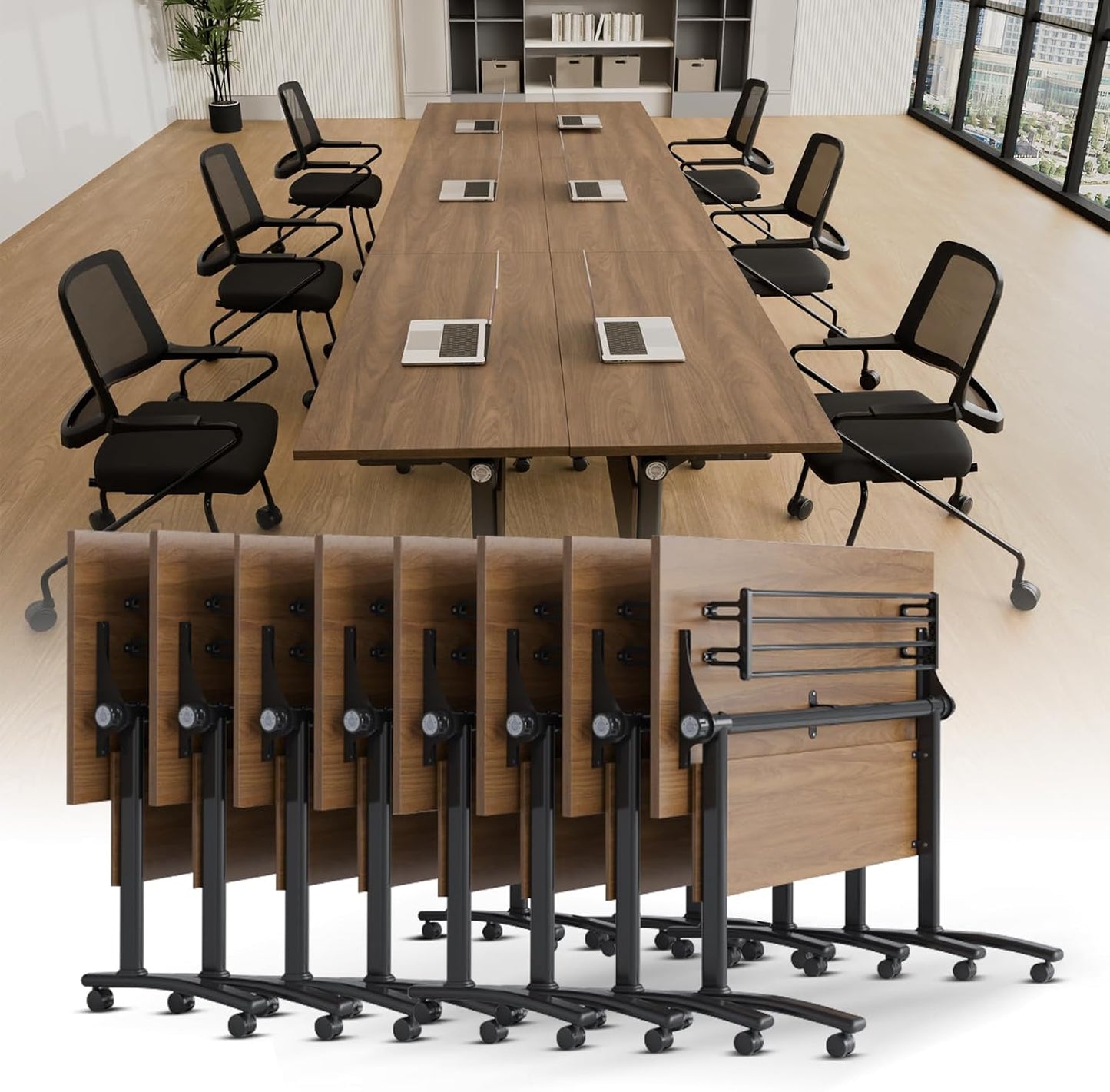 Conference Room Table with Silent Wheels, Mobile Folding Conference Table for 16 Person,Flip Top Office Training Tables with Walnuts Wood Tabletop, for School,Business Meeting Rooms (8Pack 71in)