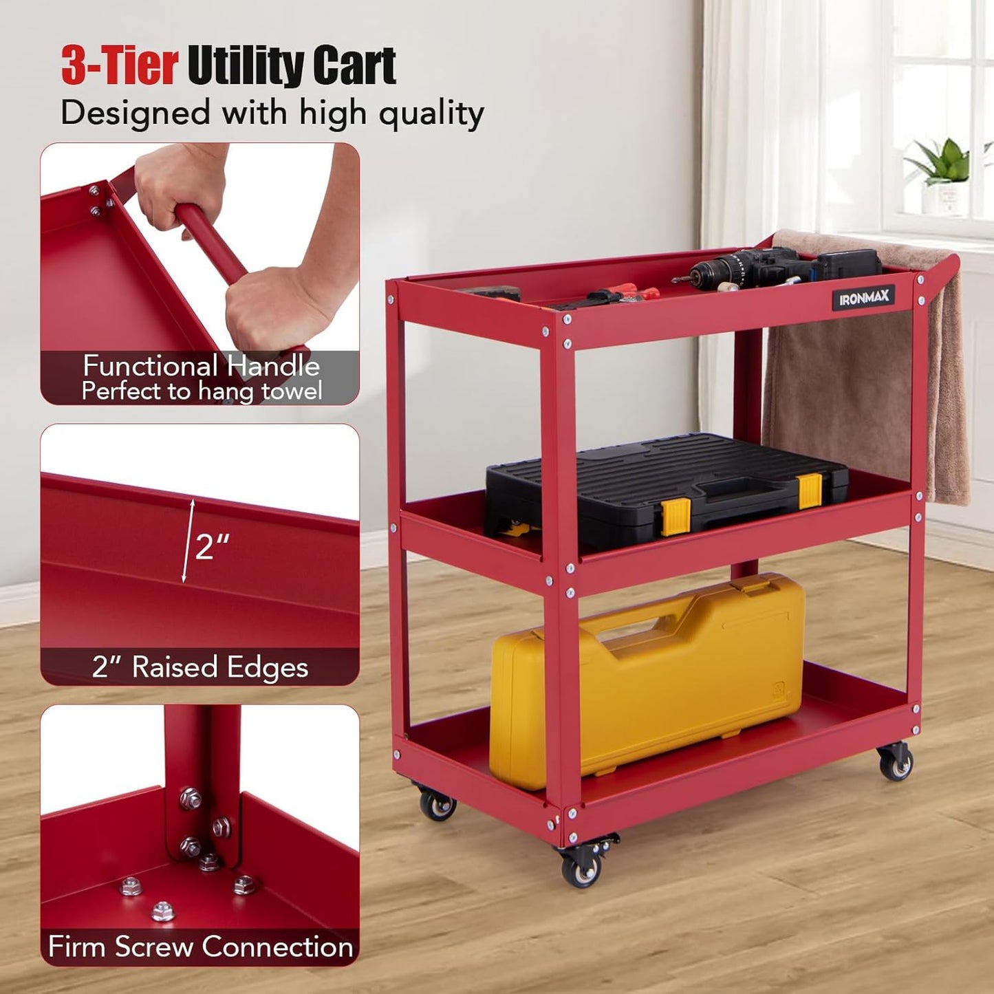 Goplus 3-Tier Utility Cart, Heavy Duty Commercial Service Tool Cart w/3 Spacious Shelves, 4 Universal Wheels with 2 Brakes, Rolling Mechanic Tool Cart Storage Organizer for Warehouse Garage