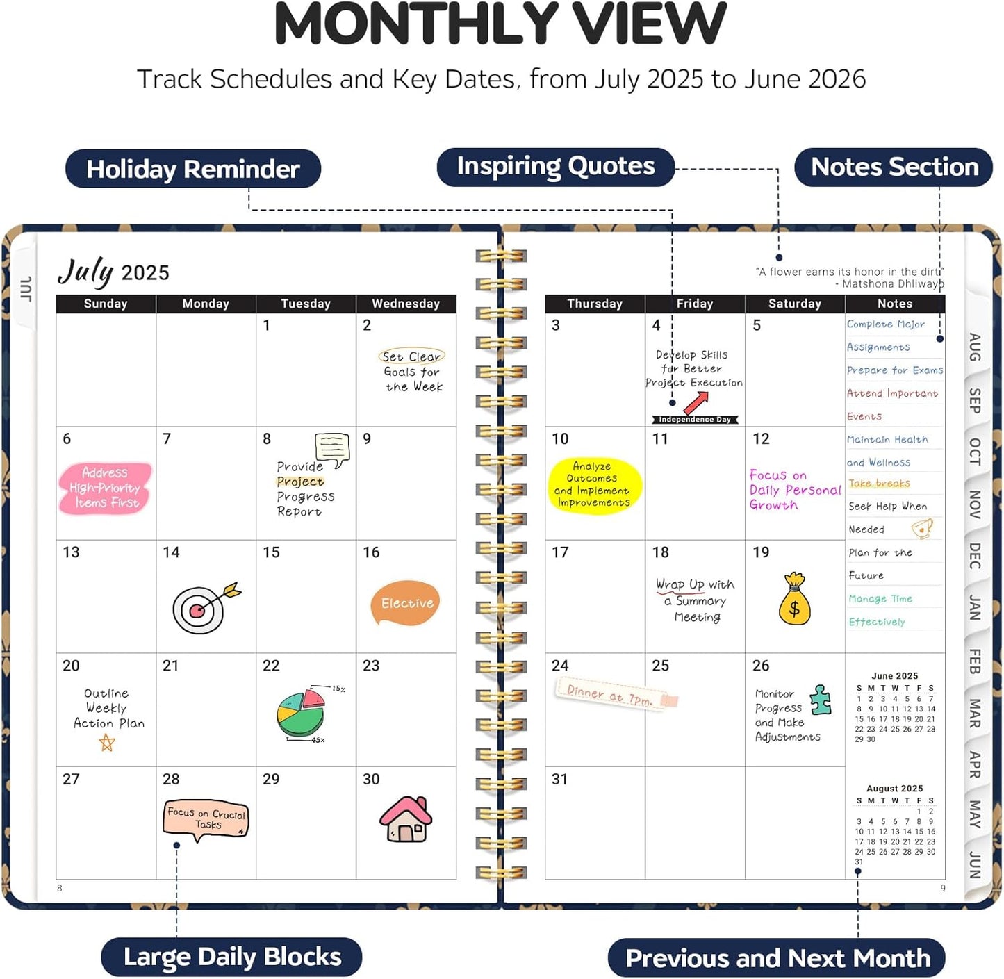 Planner 2025-2026, Academic Year Weekly and Monthly Calender Planner, July 2025 - June 2026, Spiral Bound School Planning Tool, Perfect for Teacher, Student, Women & Men - A5 (6.3" x 8.5"), Vintage