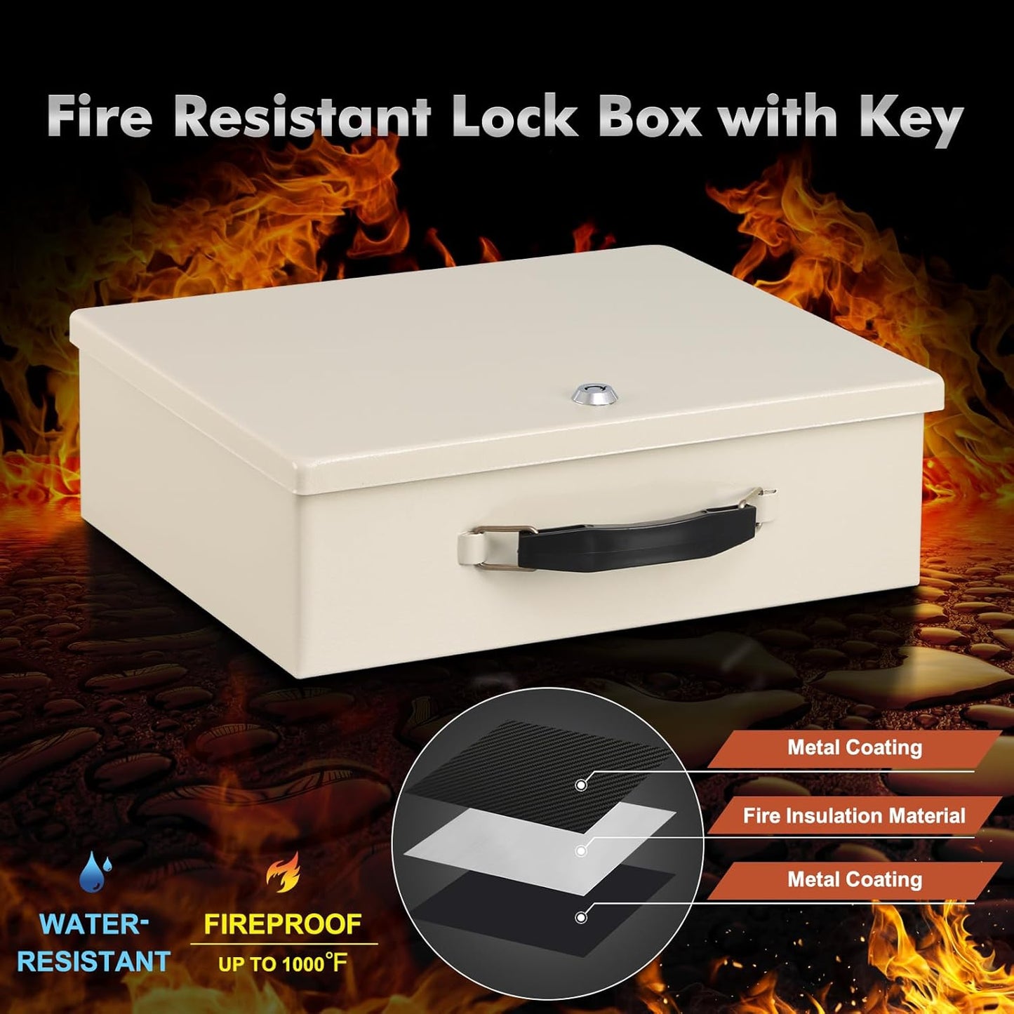 KYODOLED Fireproof Document Box with Key Lock, Small Safe Box for Valuables, Fire and Water Resistance, Fireproof Lock Box for Passport, Cash, Tablet, Exterior 12.8'' x 8.4'' x 4.5'' Beige