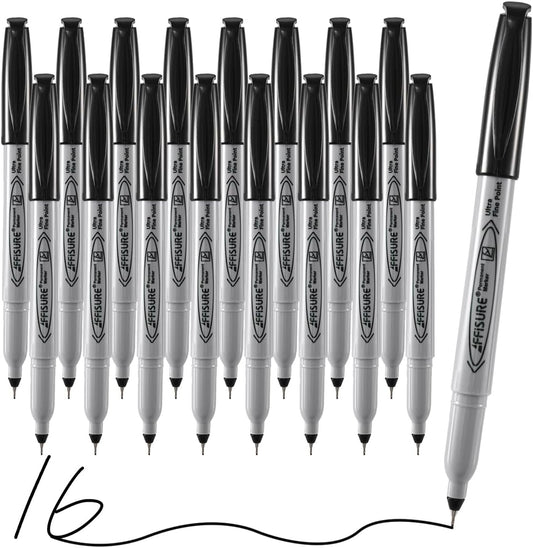 Permanent Markers, Ultra Fine Point, Black, 16 Count, 0.4mm, Fine tip permanent marker set, quick dry, waterproof, fading resists, durable, marks on paper, glass, ceramic, plastic, wood, rock, metal