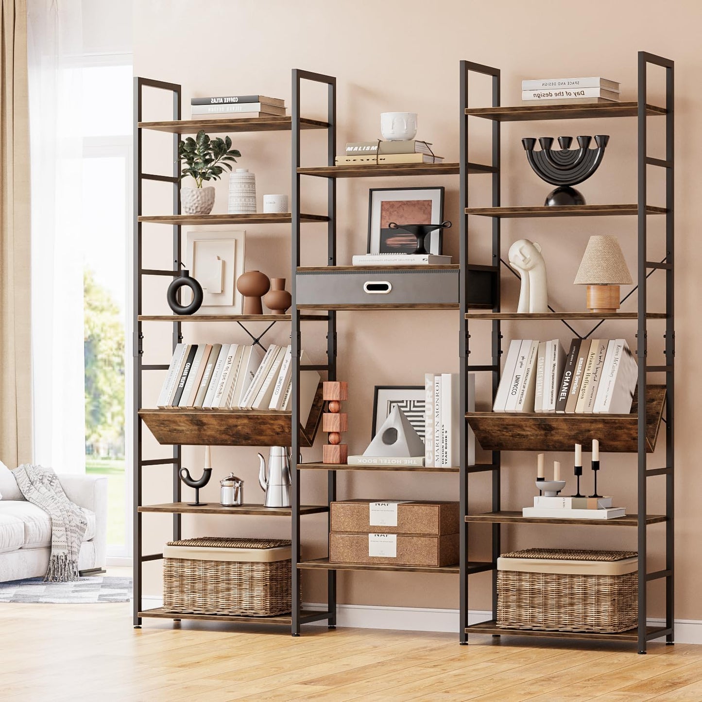 NUMENN Bookcases and Bookshelves Triple Wide 6 Tier Bookshelf, Large Etagere Bookshelf with Storage Drawer, Adjustable Open Display Shelves for Living Room Bedroom Home Office, Vintage
