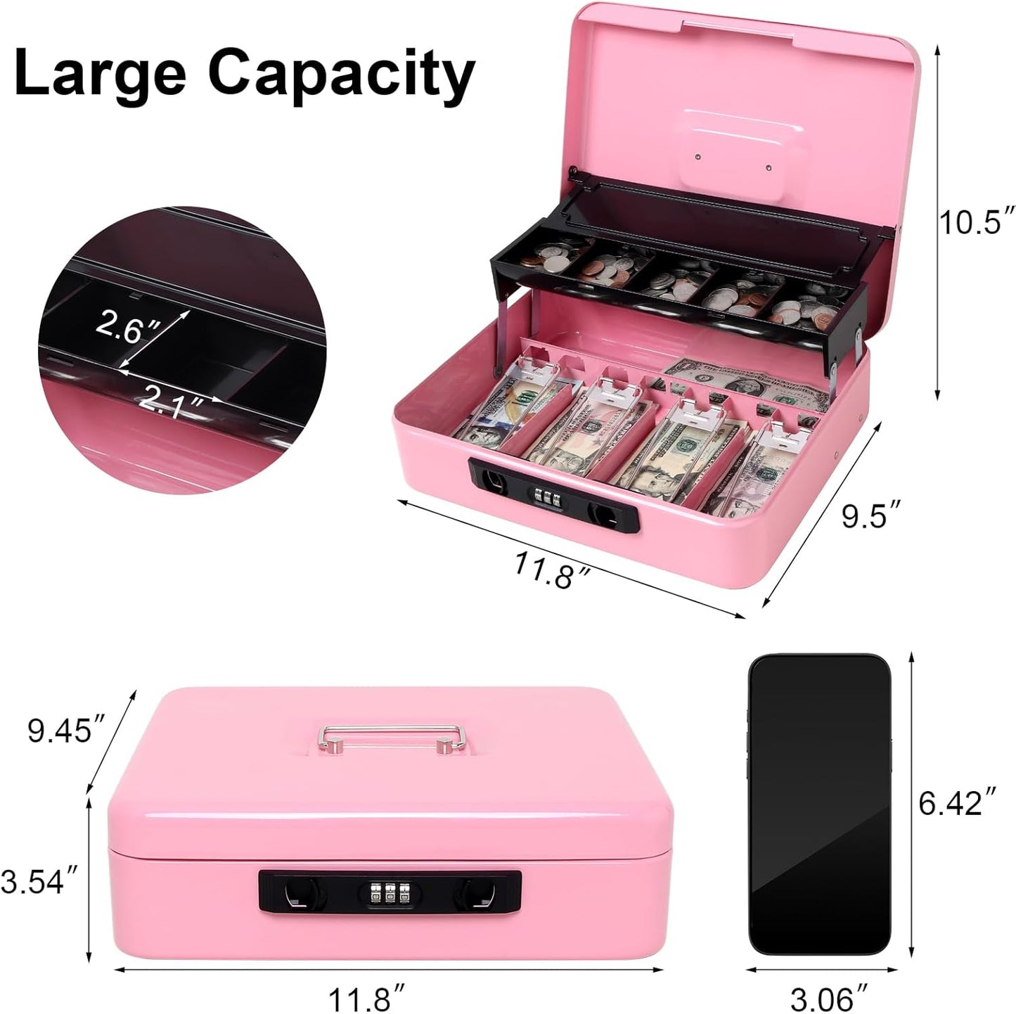 Jssmst Locking Cash Box with Coin Lid, 11.8L x 9.5W x 3.5H Inches, Latch Safe Money Box with Combination Lock, Pink