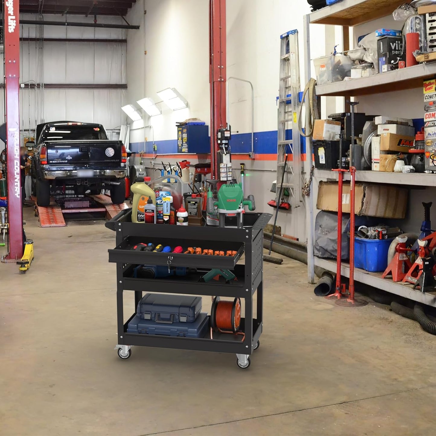 3 Tier Rolling Tool Cart, 400 LBS Capacity Mechanic Tool Carts on Wheels, Heavy Duty Utility Cart with Drawers, Metal Work Cart for Garage, Warehouse and Repair Shop, Matte Black